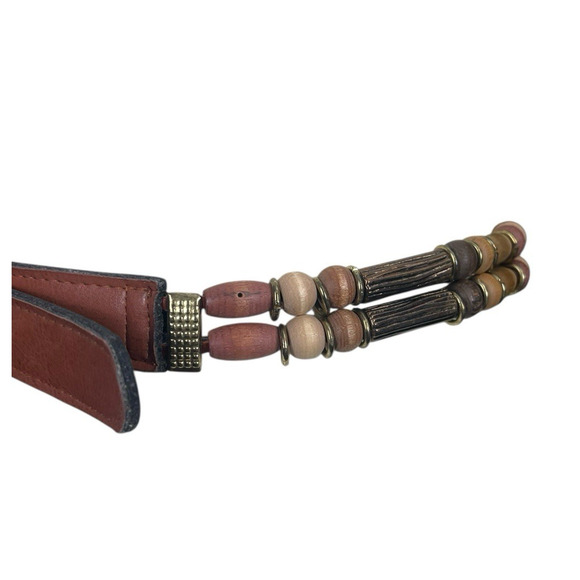 Vintage Wood Beaded Belt Gold Buckle Adjust. Size Small Boho Style Vintage 90s - Picture 2 of 13